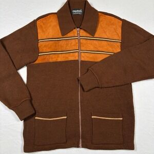 Challenger Knit Jacket Mens M Brown Leather Suede Western Point Collar Vtg 70s